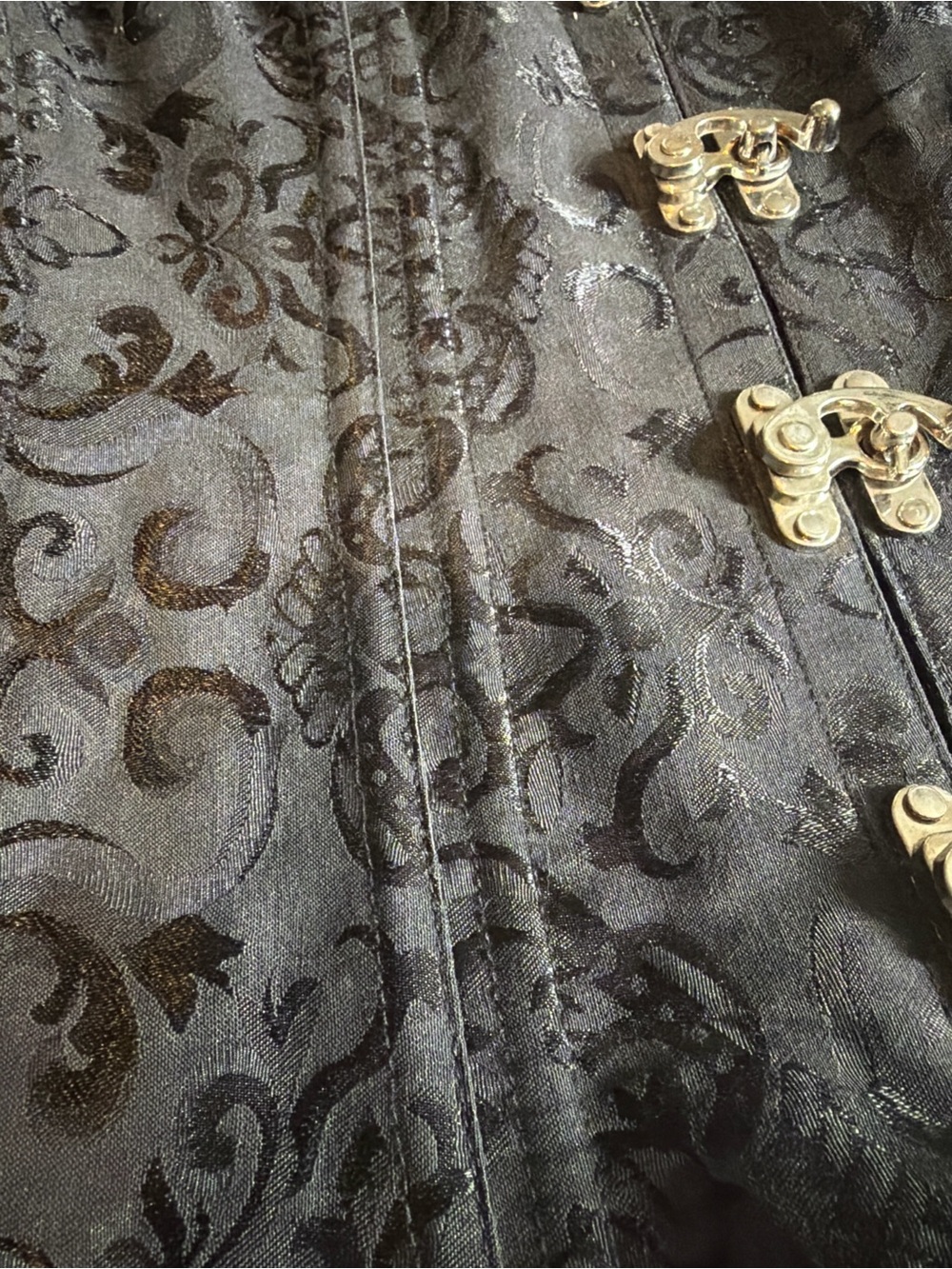 CHARMIAN vintage Gothic Black Brocade Halter Corset with Gold Clasps - Picture 5 of 7